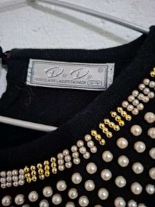 Chic Black Embellished Neckline Top