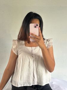 Cream Ruffle Sleeve Square Neck Top