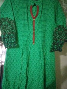Green Printed Kurta with Red Neckline