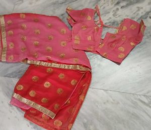 Pink &amp; Red Embroidered Saree with Blouse