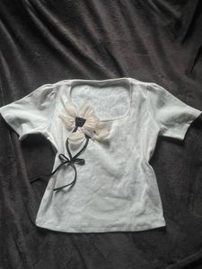 White Ribbed Floral Bow Top | Coquette Aesthetic