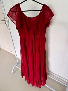 Elegant Red Swiss Dot Midi Dress
