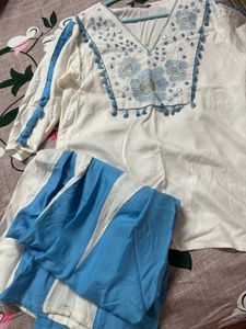 Elegant White & Blue Kurta Set with Embroidery