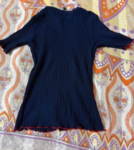 Navy Blue Ribbed Lettuce Trim Top
