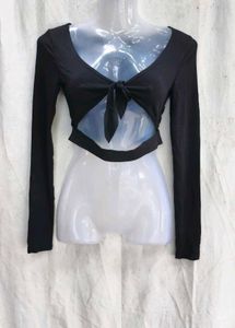 36209. Chic Black Tie-Front Cutout Top