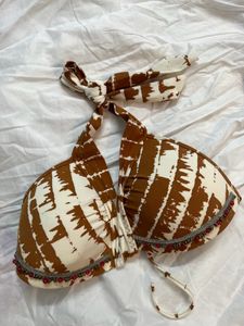 Brown &amp; White Patterned Bikini Top