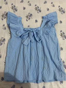 Blue Textured Top with Floral Embroidery