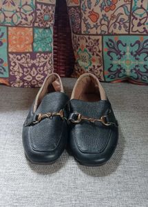 leather Black Loafer Flats with Gold Buckle