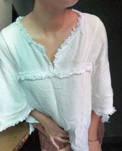 White Textured V-Neck Top