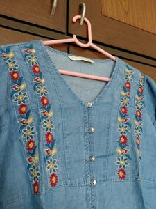 Embroidered V-neck Denim Top