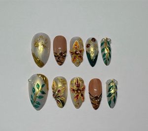 Press-On Nails with Floral &amp; Gold Accents