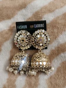 Stunning Mirror & Pearl Jhumka Earrings