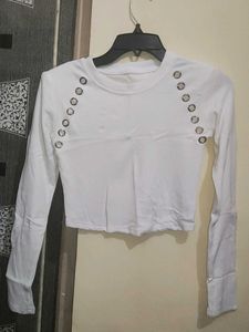 White Eyelet Detail Long Sleeve Crop Top