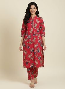 Vibrant Floral Print Red Kurta and pant set