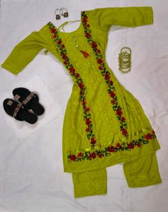 Bright Lime Green Floral Embroidered Suit