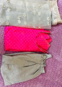 Combo.. Hot Pink Silver Silk Suit With Dupatta