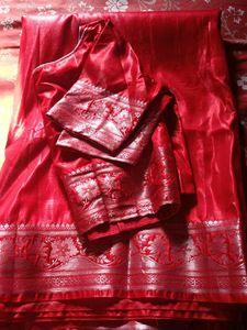 Vibrant Red Silk Saree with ready Blouse