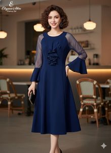 Elegant Navy Blue Sheer Sleeve Dress