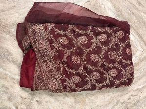 Embroidered Maroon Silk Saree
