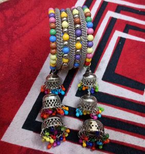 Boho Multicolored Beaded Bangles with Jhumkas