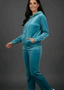 Teal Velvet Zip-Up Hoodie And Pant