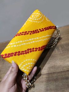 Yellow Bandhani Clutch with Beaded Handle