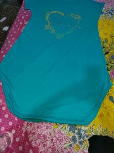 Cute Teal Heart Graphic Tee free size imported
