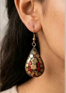 Boho Teardrop Earrings with Red &amp; Gold Detail
