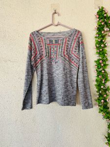 Grey Long Sleeve Top with Embroidered Neckline