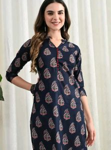 Floral And Paisley Print Pure Cotton Navy Blue Kur