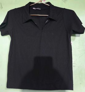 Ribbed Black Polo Top