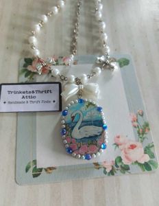 Enchanted Swan Lake Clay Pendant Bow Necklace