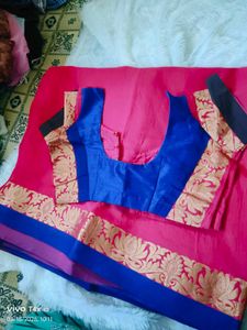 Beautiful Rani pink Saree with Blue Blouse
