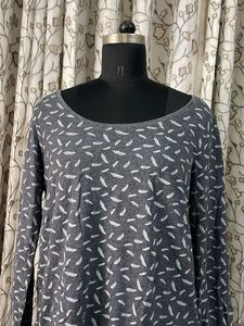 Gray Feather Print Long Sleeve Top