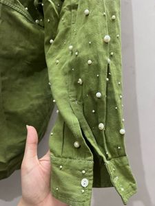 Chic Pearl Embellished Oversized Shirt