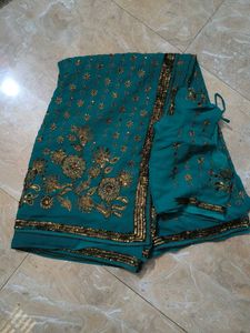 Teal Embroidered Saree with Blouse