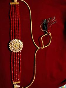 Red Beaded Choker with Sunstone Pendant
