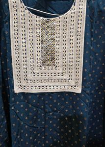 Blue Printed Kurta with Embellished Neckline