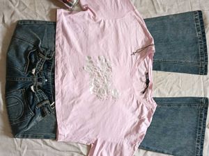Pink Graphic Crop Top &amp; Flare Jeans Outfit
