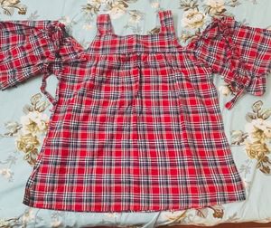 Red Plaid Cold Shoulder Top