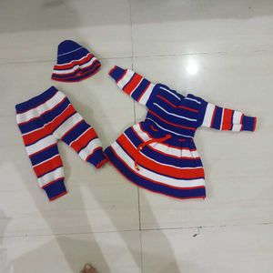 Striped Knit Baby Outfit - Hat, Top, Pants