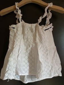 White Eyelet Ruffle Top with Black Ribbon Tie