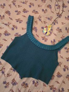 Teal Ribbed Crop Top with Ruffle Trim