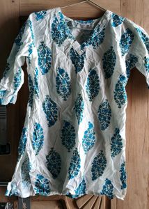 White & Blue Block Print Kurta