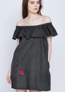 Chic Off-Shoulder Denim Dress with Patches
