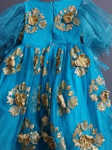 Turquoise Party Dress with Gold Embroidery