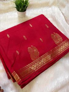 Vibrant Red Saree with Gold Motifs