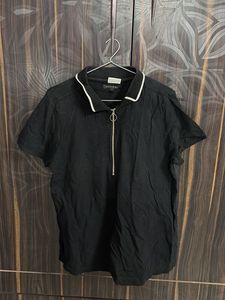Black Zip Polo Neck Top