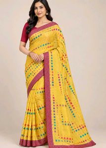 Vibrant Yellow Saree with Geometric Print