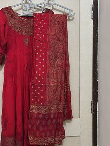 Red Embroidered Kurta With Dupatta